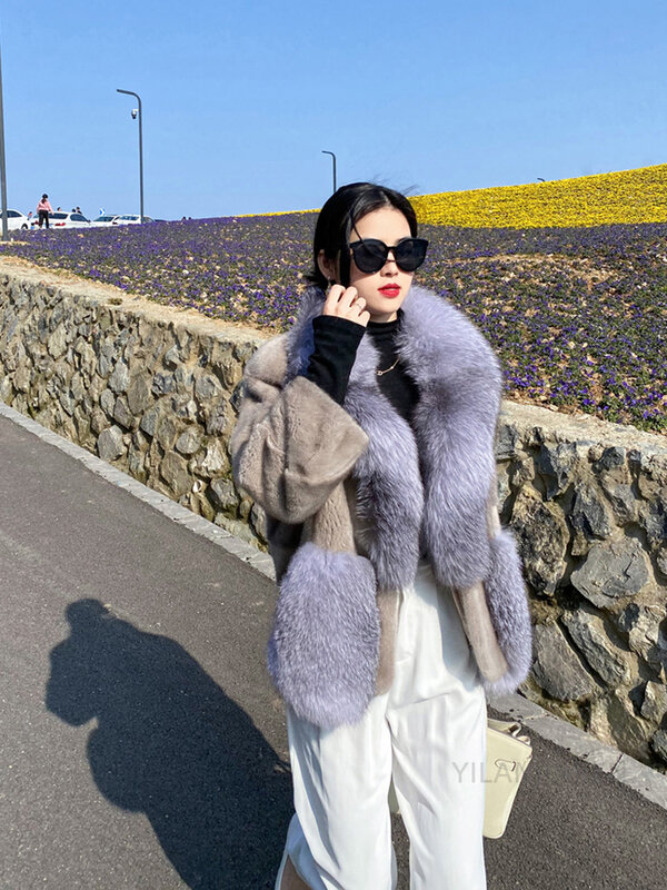 HDHOHR 여성용 천연 밍크 모피 코트, 진짜 여우 모피 칼라, 따뜻한 짧은 밍크 모피 재킷, 2023 겨울 신상