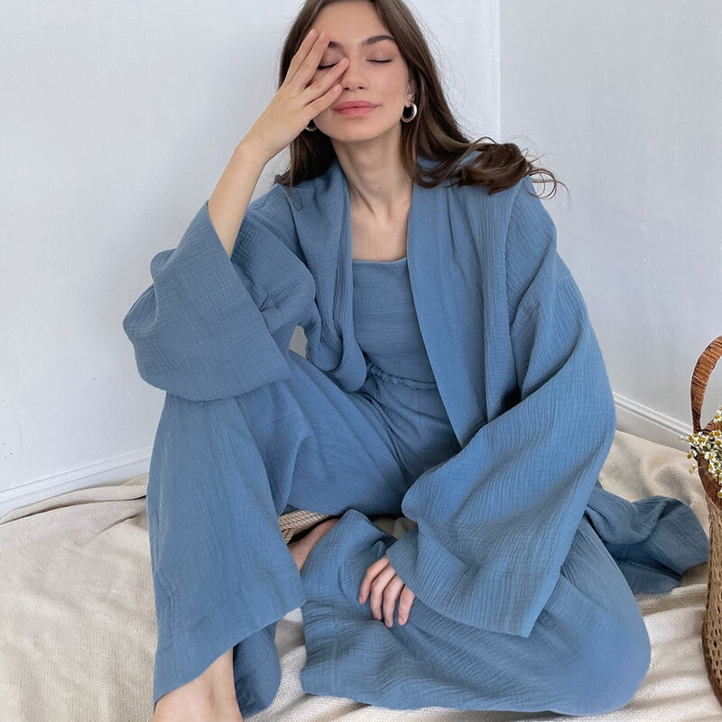 NHKDSASA Kimono Pijamas 2023 Novo 100% Algodão Crepe Calças de Manga Comprida Senhoras Terno Pijamas Mulheres Home Serviço Mujer