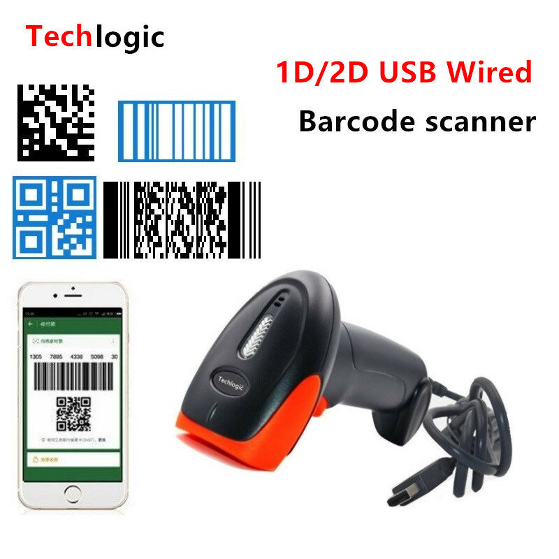 Techlogic-USB Wired Bar Code Reader, Barcode Scanner, CCD Image, QR, PDF417 Data Matrix, Data Collecter, 1D, 2D