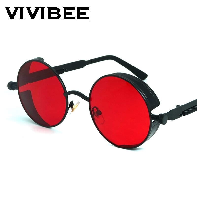VIVIBEE-gafas de sol redondas para hombre y mujer, lentes de sol de aleación de Metal, estilo gótico, Retro, Steampunk, rojo, 2024
