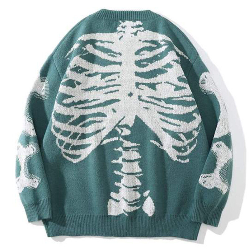 Sweter Longgar Uniseks Tanpa Kancing Katun Musim Gugur 2021 Sweter Rajut Retro Antik Wanita Gambar Cetak Tulang Kerangka Longgar Hitam Pria