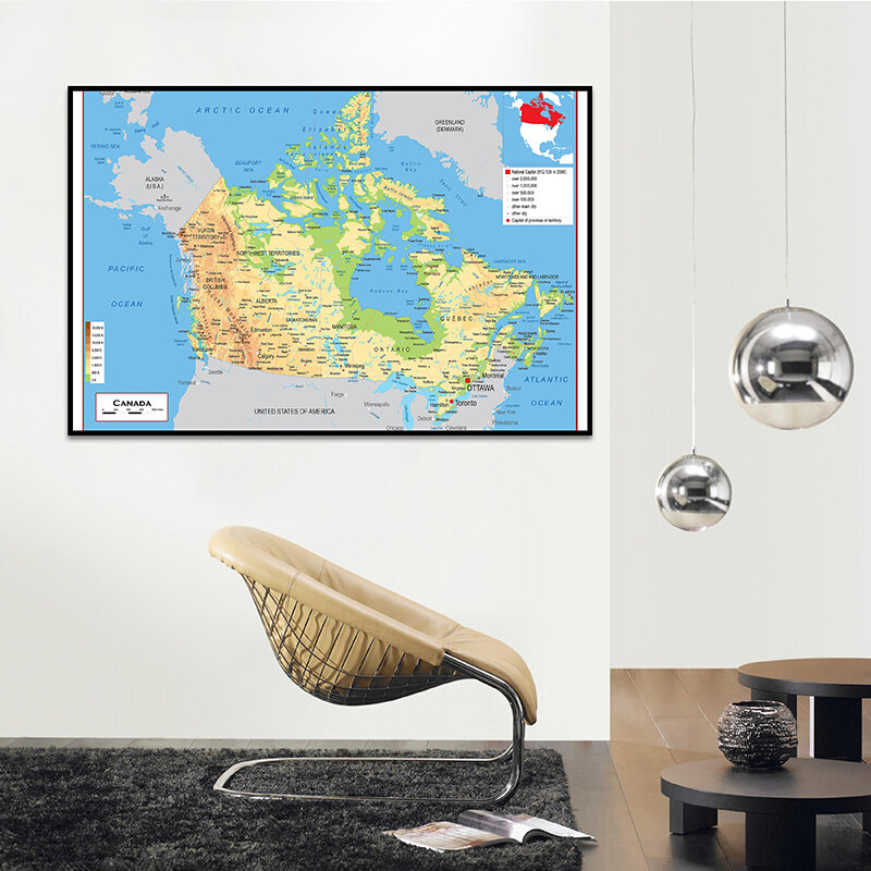 Mapa topográfico de Canadá en francés, póster de arte de pared, pintura en lienzo para suministros de oficina, decoración del hogar, suministros escolares, 60x90cm
