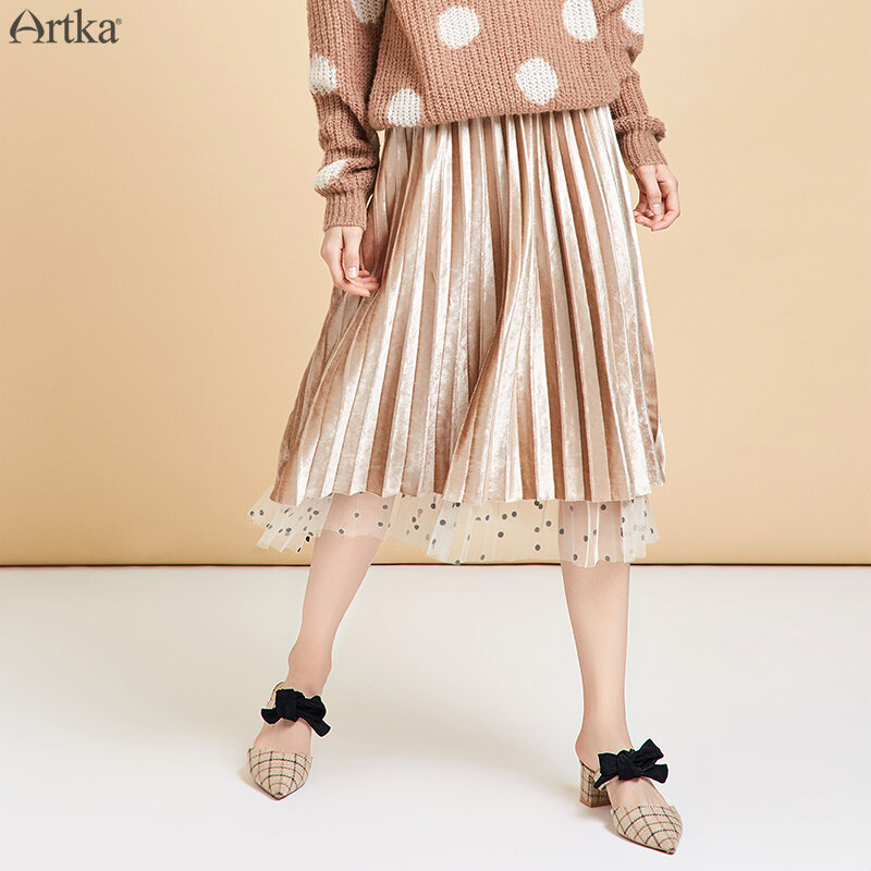 ARTKA 2019 jesień nowy kobiety spódnica elegancka Dot Mesh plisowana spódnica elastyczny pas moda dwustronny nosić spódnice kobiet QA10291Q