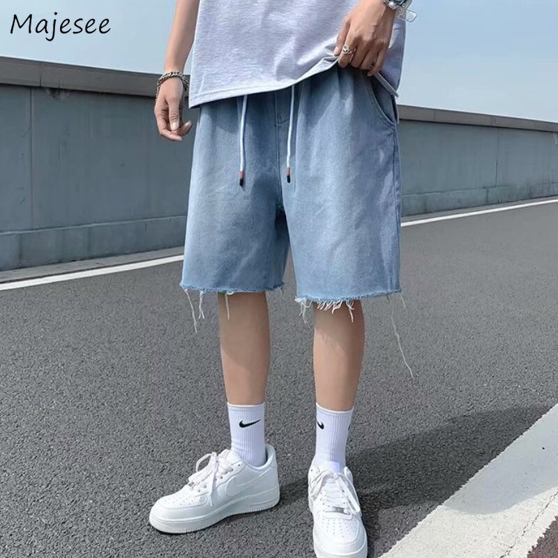 กางเกงยีนส์วินเทจผูกเชือกกางเกงยีนส์ชายขาสั้นฤดูร้อนกางเกงลำลองหลวมอินเทรนด์นักเรียนวัยรุ่นย้อนยุค