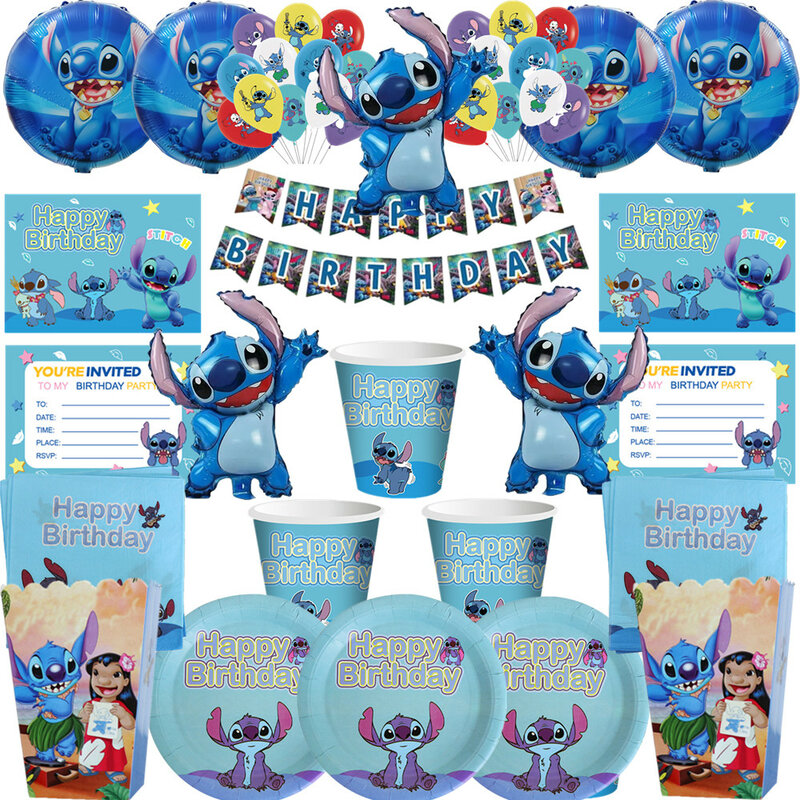 Suministros de fiesta de cumpleaños de Lilo Stitch, plato de papel  desechable, pancarta, fondo de globo para niños, decoración de fiesta de  cumpleaños, Baby Shower