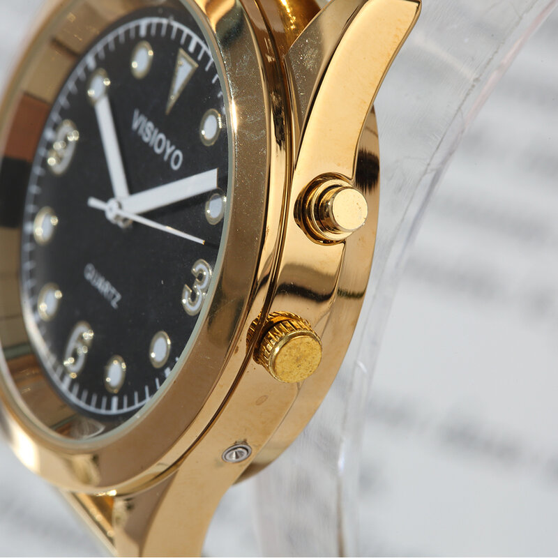 Relógio de conversa francesa com função de alarme, data e tempo de conversa, mostrador preto, fecho dobrável, etiqueta dourada-701
