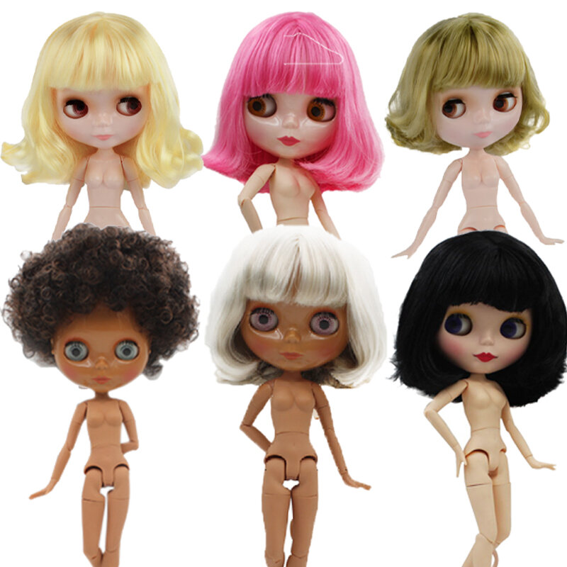 Blyth boneca nua, pele branca e preta corpo comum 1/6 boneca com cabelo curto