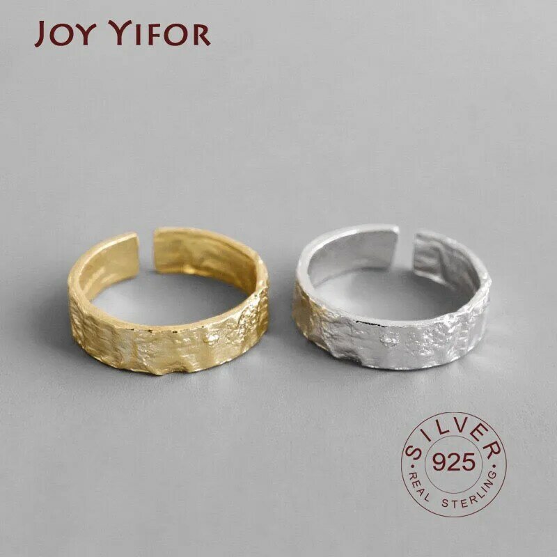 แหวนกว้าง100% 925เงินสเตอร์ลิงเปิดแหวนผู้หญิงINS Gold & Silverสีทองฟอยล์เว้า-นูนไม่สม่ำเสมอFace