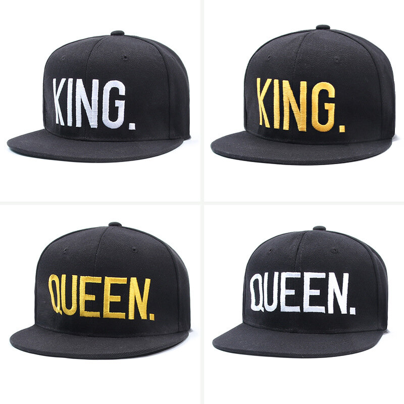 킹 앤 퀸 3D 자수 야구 모자, 커플 스냅백 모자, 힙합 스타일, 플랫 빌 모자, 크기 조절 가능