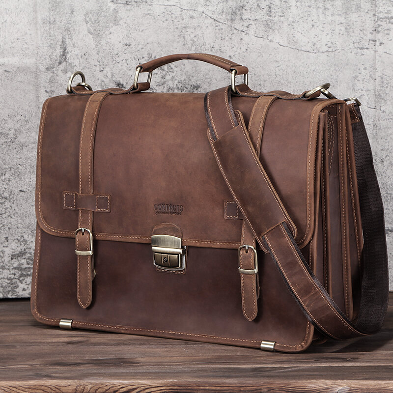 CONTACT'S Men's Bag Crazy Horse Leather Briefcase Men Business Bag For 14" Laptop Quality Leather Shoulder Messenger Bags Male