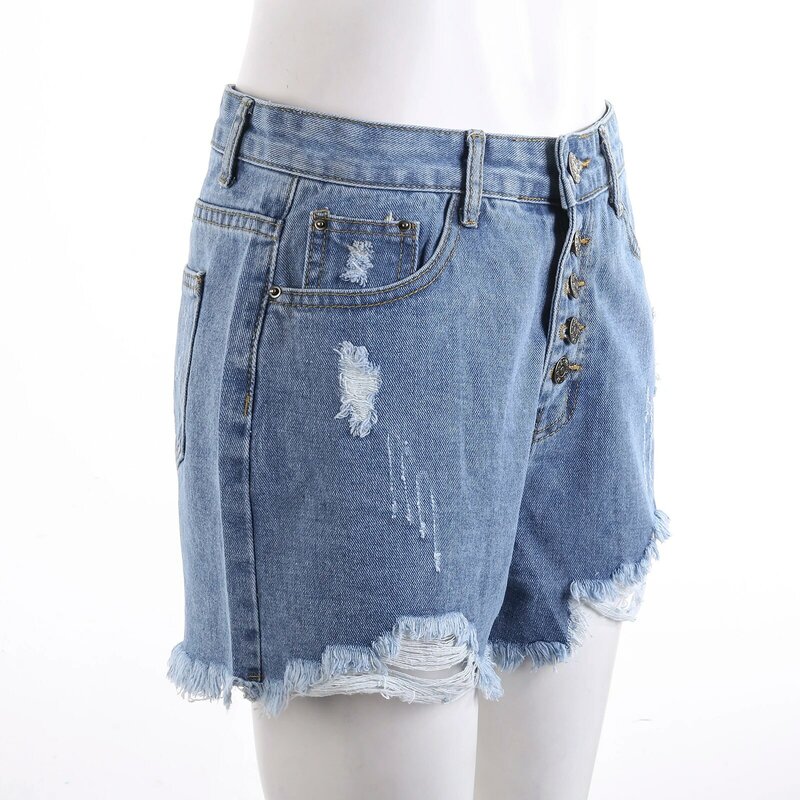 Summer Vintage Women Pocket Jeans Denim Cuff Ripped Frayed Hole Female High Waist Bottom Sexy Casual Shorts Hot