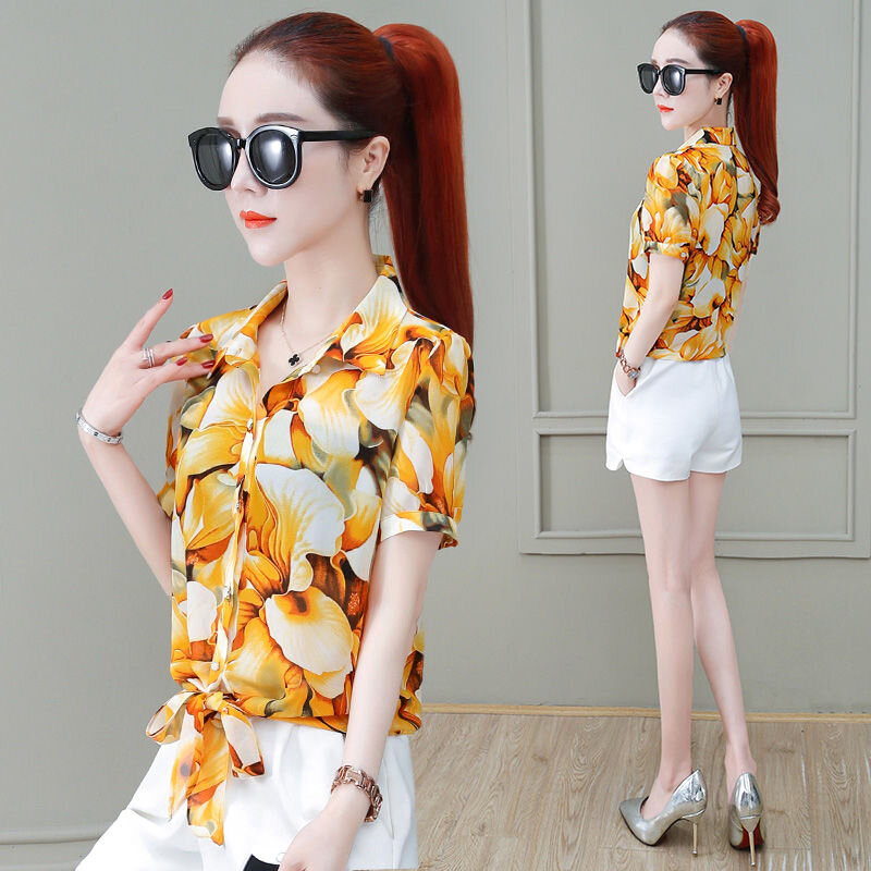 Women Spring Summer Style Chiffon Blouses Shirts Lady Casual Turn-down Collar Flower Printed Short Sleeve Blusas Tops ZZ0312