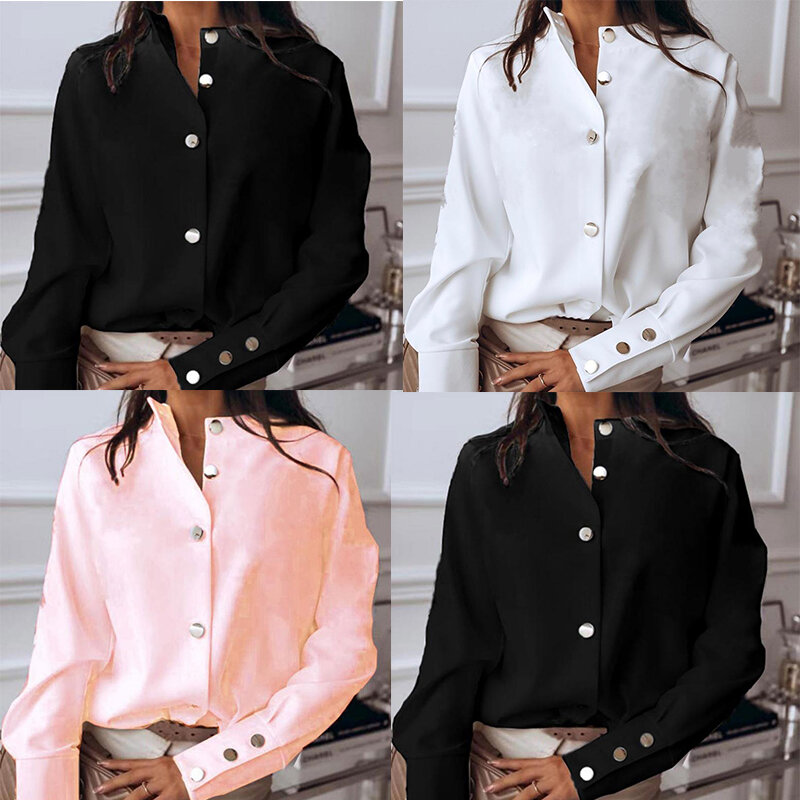 Camisas de manga larga con botones de Metal para mujer, blusa informal Retro de Color sólido para oficina, nueva moda