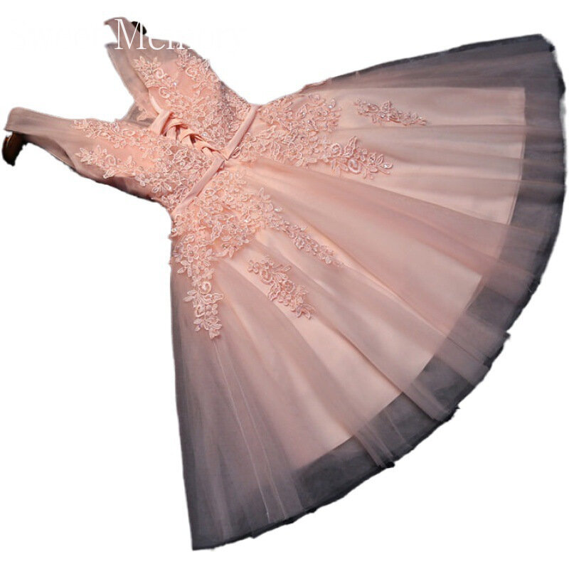 Vestido de baile curto com pérolas e frisado, vestidos de dama de honra sexy, casamento, formatura vestidos, doce memória, laço pescoço, rosa, S0125