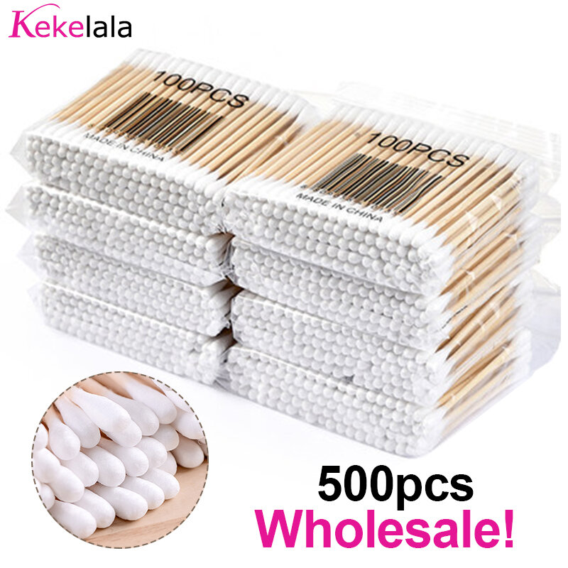 Kekelala 500 pz/lotto tamponi di cotone in legno doppia testa Micro bastoncini di legno Rob spazzole estensione ciglia colla pulizia strumenti di rimozione