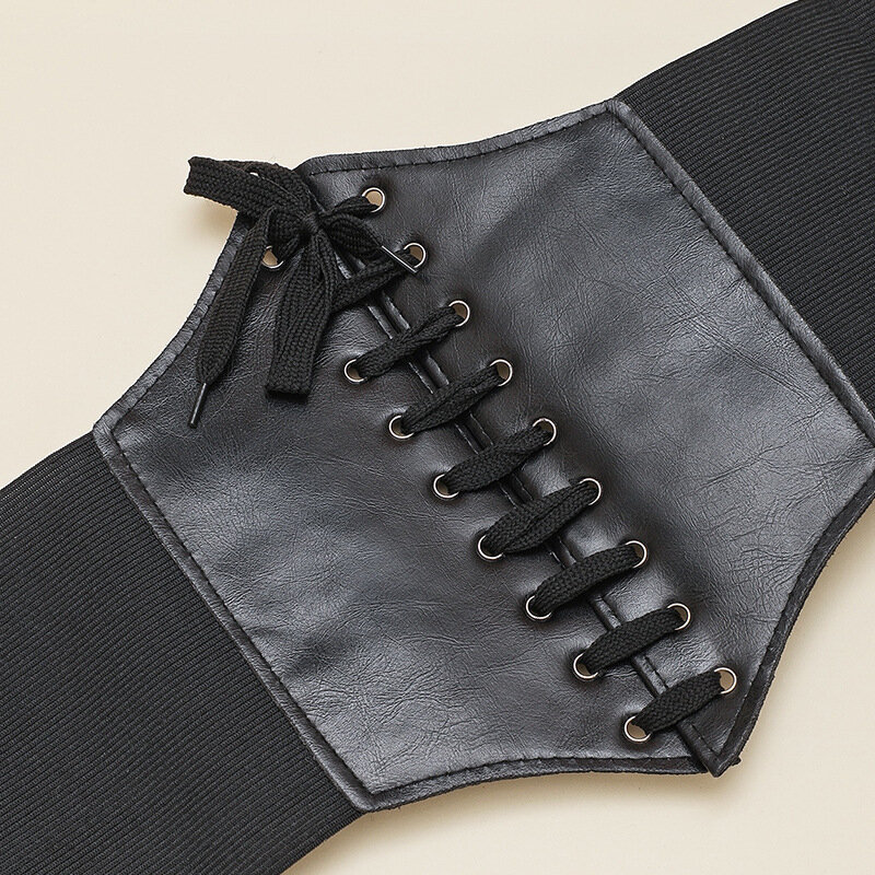 Ultra Plus Wide Belt Front Tie Up Leather Elastic Corset Belt Women Faux Waist Belt All Match Dress Girl Clothes Decoration