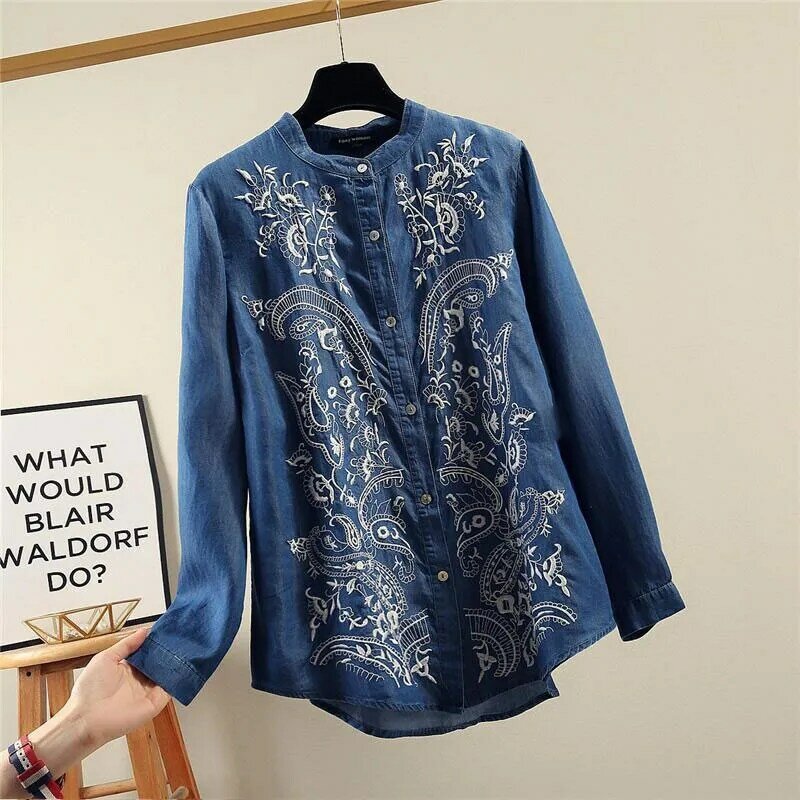 Camisas holgadas de manga larga con cuello levantado para mujer, blusas vaqueras de algodón con bordado Vintage, Tops V34, novedad de primavera 2020