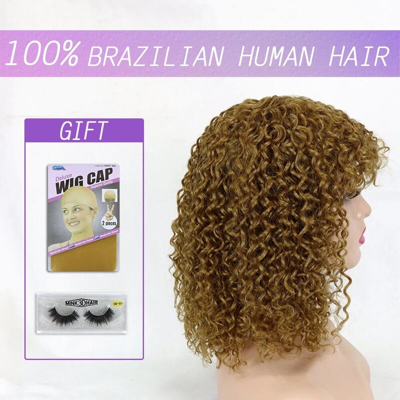 Parrucche per capelli ricci con frangia cuoio capelluto parrucca piena fatta a macchina parrucca riccia corta brasiliana Remy per donna
