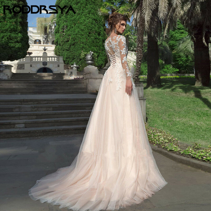 Свадебное платье RODDRSYA с длинным рукавом, аппликация, свадебное платье на пуговицах, ТРАПЕЦИЕВИДНОЕ, на заказ, большие размеры Свадебное платье длинные рукава Appliques Bridal Vestido De Noiva кружева до пуговицы пл