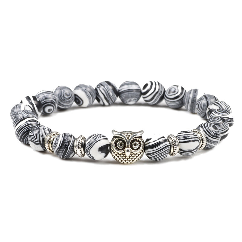Natural Stone Beads Owl Bracelets Malachite Rock Lava Bangles Charm Strand Elastic Energy Yoga Buddha Jewelry For Women Men