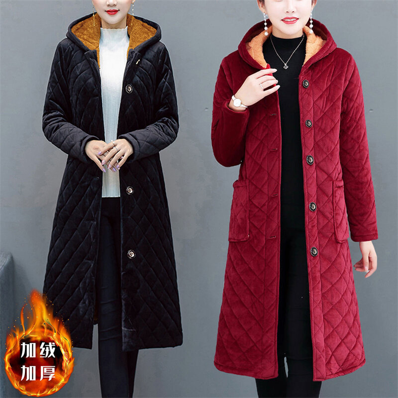 Meia-idade velha mulher magro com capuz acolchoado casaco mãe usar outono inverno veludo casaco meados de comprimento solto algodão acolchoado jaqueta a725