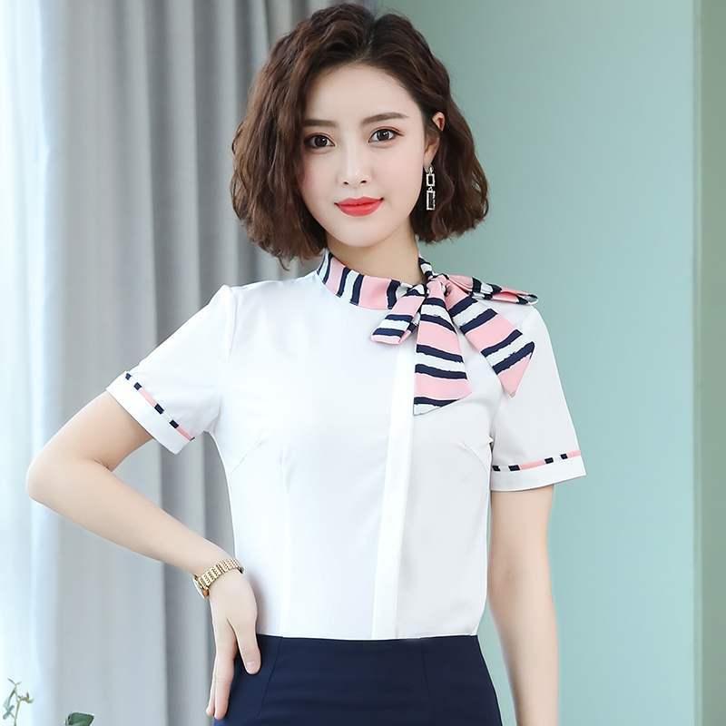 Blusa formal feminina plus size, camisa branca, elegante, de manga longa, com laço, para escritório, primavera-verão