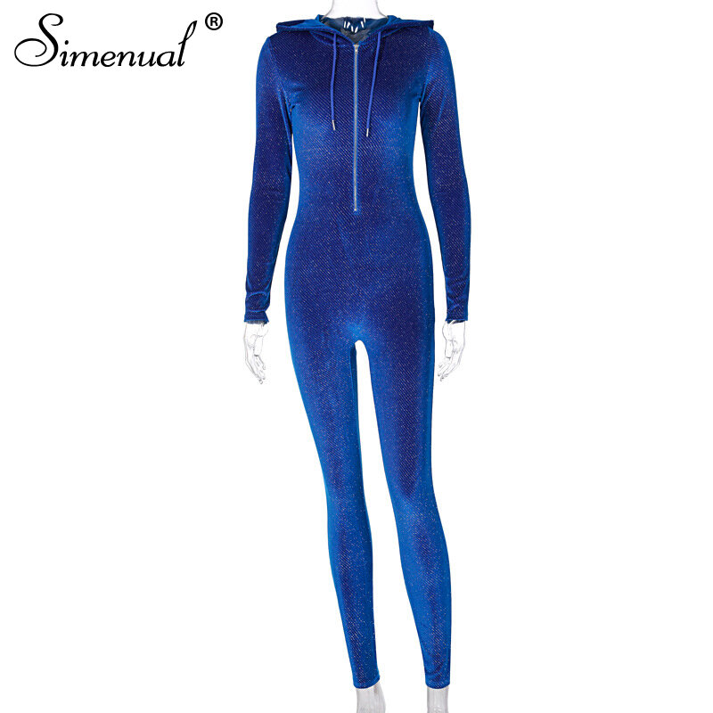 Simenual Glitter Velvet Hooded Rompers Womens Jumpsuit Long Sleeve Winter Sportswear Workout Shiny Bodycon Jumpsuits Zipper New