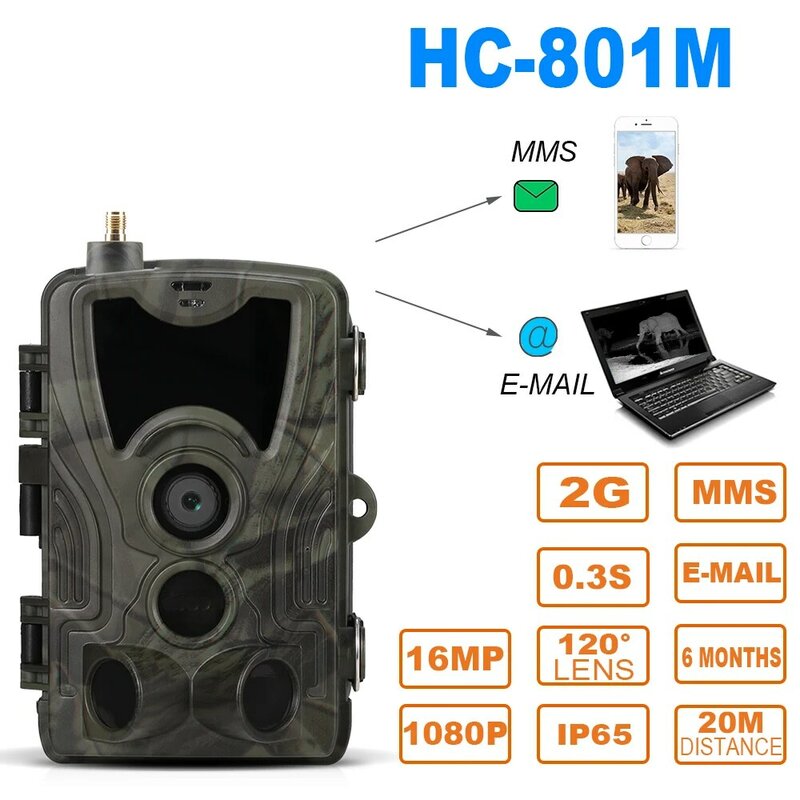 Suntekcam-câmera de vigilância para a vida selvagem, sms/mms/smtp, 2g, 20mp, 1080p, hc801m, armadilha fotográfica com disparo de 0.3s