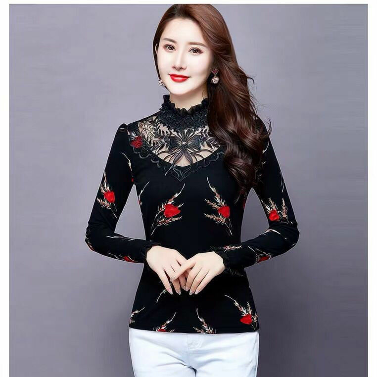 2020 Autumn Winter Women Thick Lace Fleece Print Tops Female Hollow Out Bottoming Shirt & Blouse Feminina Blusa Plus 5XL Black