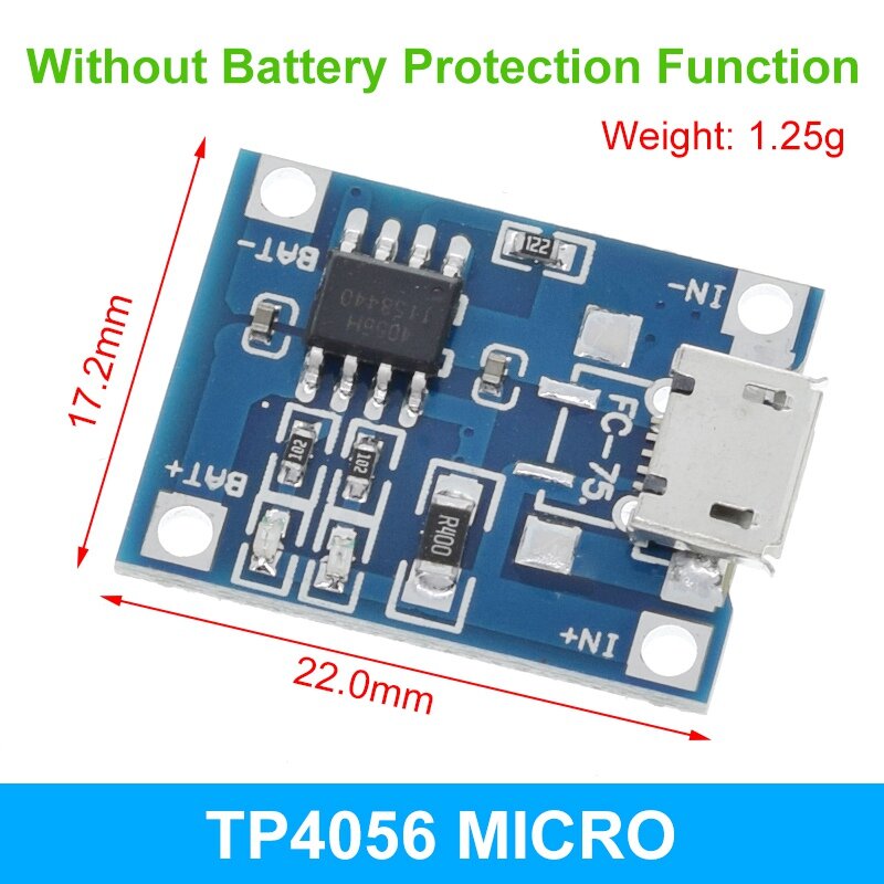 TZT-Módulo Carregador de Bateria de Lítio, Placa Carregadora, Proteção, Dual Functions, Li-ion, Micro USB, 5V, 1A, 18650, TP4056, 5 Pcs