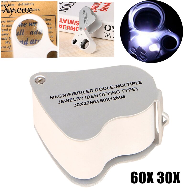 New 30X 60X Folding Jewelry Eye Loupe Magnifier LED Light Pocket Magnifying Glass