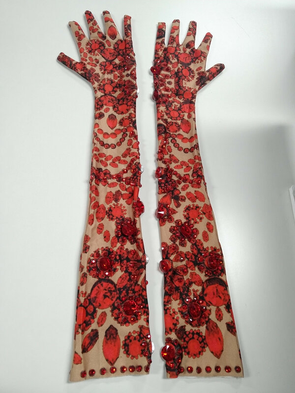Moda czerwony kwiatowy Rhinestone długie rękawiczki kobiety Stretch musujące kryształowe rękawiczki klub nocny tancerz piosenkarka akcesoria sceniczne