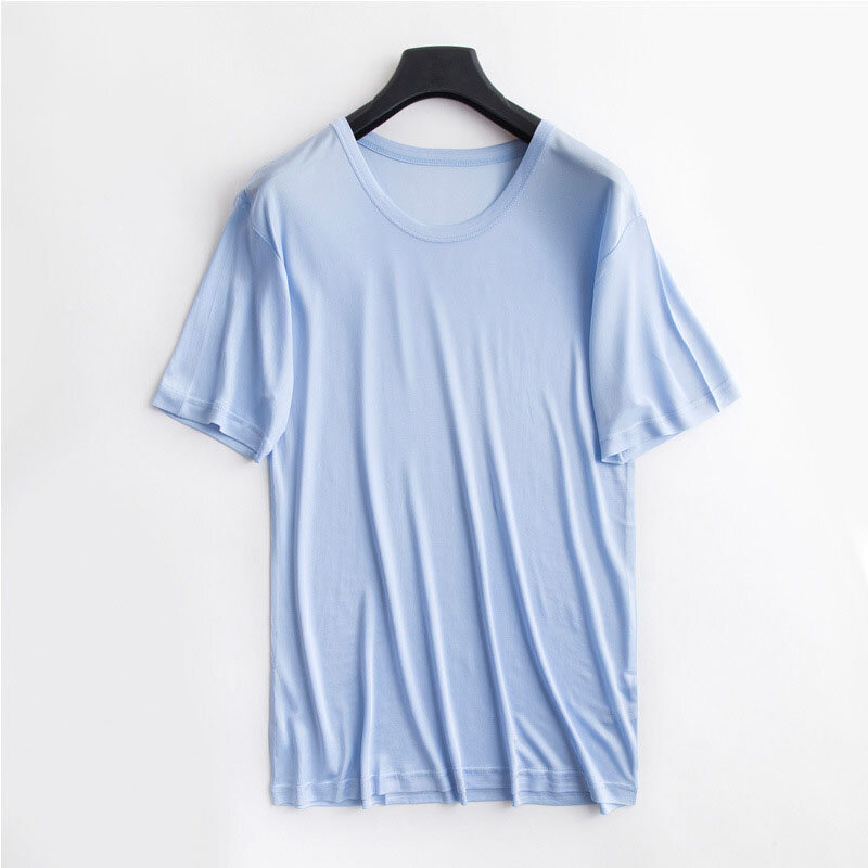 LVFAN Atasan Tidur Sutra Alam 100% Pria Pakaian Tidur Pria Lengan Pendek Padat Longgar Ukuran Besar Rajutan Kamisol Kaus Leher Bulat