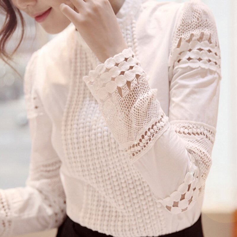 O Fashion elegancka damska koszula szydełkowa topy Slim jednolity haft z długim rękawem formalna biała bluzka