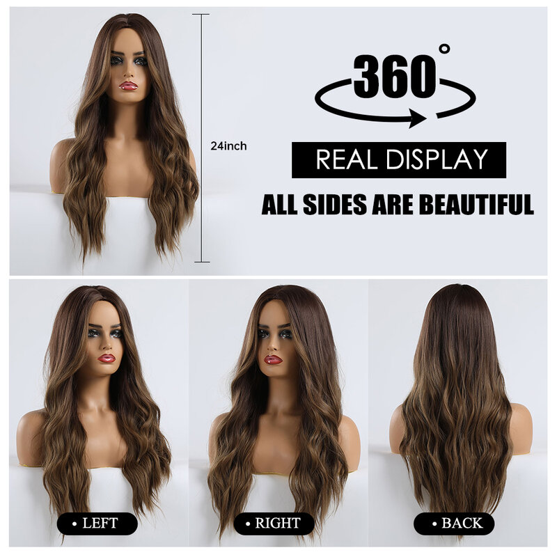 EASIHAIR Long Brown Ombre Synthetic Wigs for Women Natural Hair Wavy Wigs Middle Part Female Wig Cosplay Heat Resistant Wigs