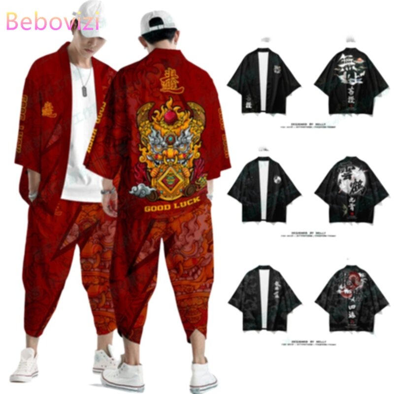 Solto chinês japonês samurai kimono cardigan para homens e mulheres, terno plus size, yukata, tops e calças set, cosplay, harajuku, plus size S-3XL