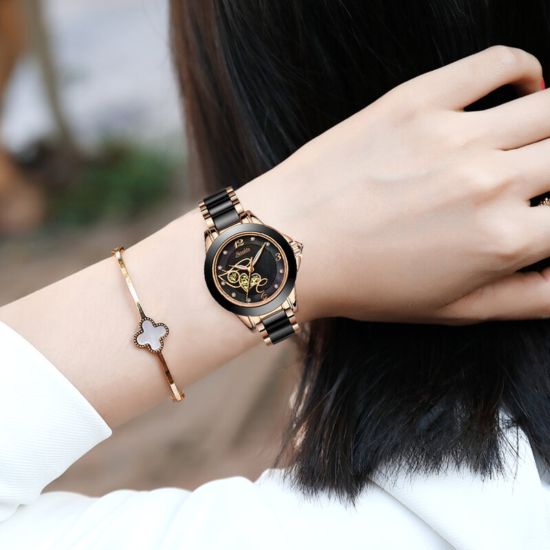 Sunkta-relógio de quartzo feminino, superfície do diamante, pulseira de cerâmica, impermeável, marca superior, luxo, presente