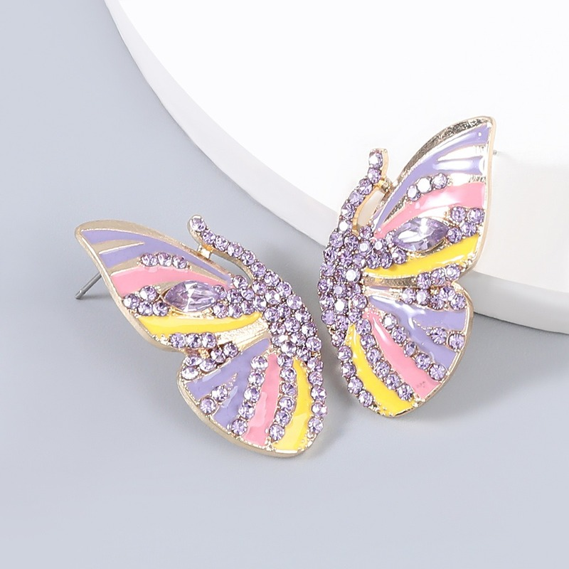 Anting-anting kupu-kupu wanita, perhiasan telinga pesta berlian imitasi berlian minyak tetesan logam paduan Mode Korea 2021
