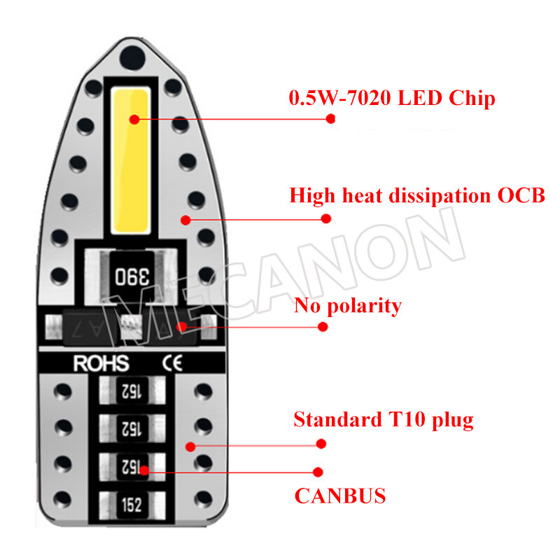 100pcs T10 W5W 194 168 Canbus Car LED Reading Clearance Light Auto Door Tail Lamp Bulb 7020 2SMD White DC12V