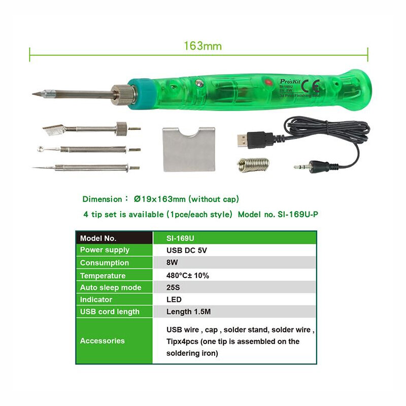 Pro'sKit-Kit de herramientas para soldar, juego de soldador eléctrico de mano, 8W, USB, SI-169U, mantenimiento de acabado de impresión 3D
