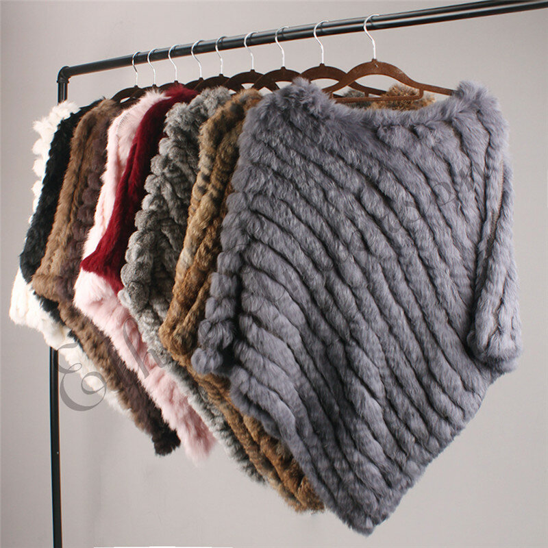 Châle tricoté en vraie fourrure de lapin pour femme, écharpe Poncho, Style d'hiver, chaud, élastique, vente en gros