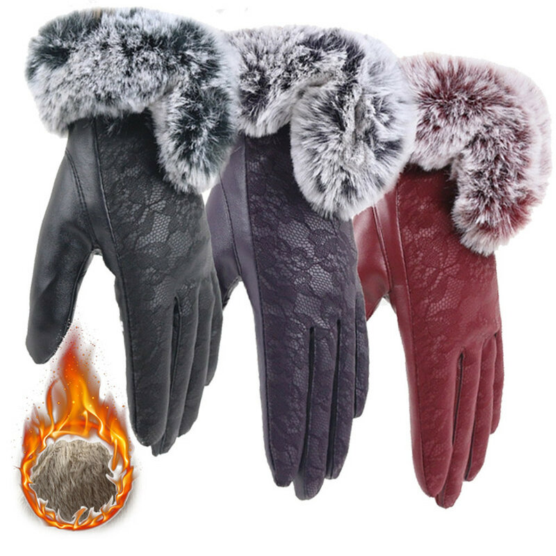 2019 新ファッション女性冬のビロードのレース手袋暖かい用携帯電話を使用する手袋