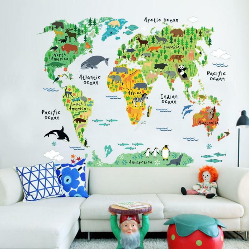 Colorful Animal World Map Wall Stickers Living Room Home Decorations Removable PVC Decal Mural Art Diy Office Kids Room Wall Art