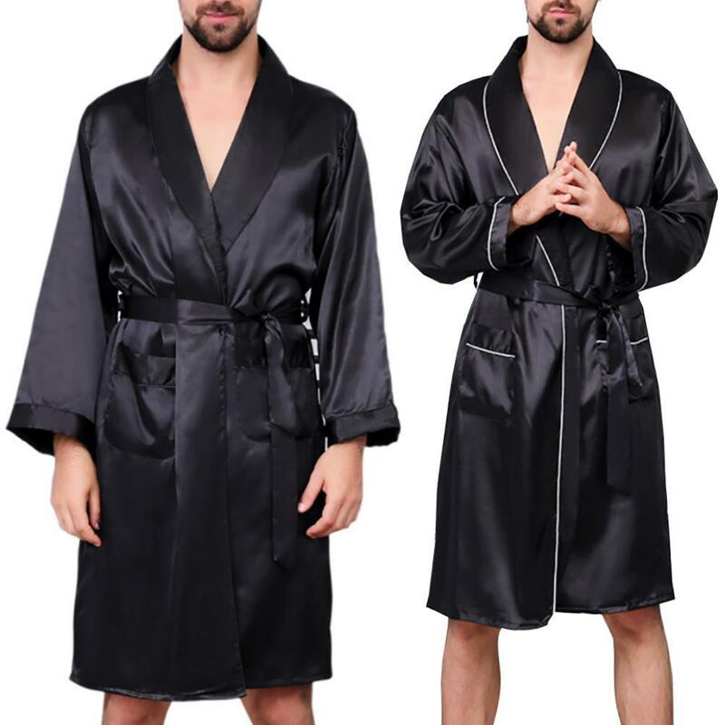Bata de seda de imitación con bolsillos para hombre, cinturón de cintura, bata de baño, ropa de dormir para el hogar, Verano
