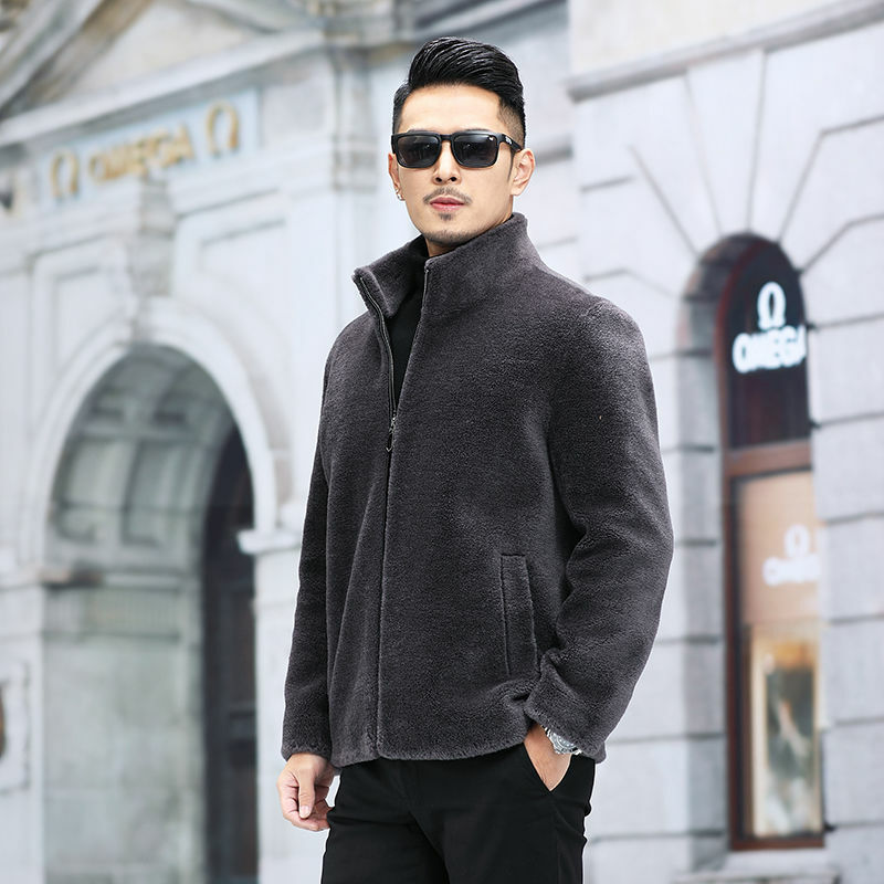 2021 Autumn Winter New Real Fur Woolen Coat Men Stand Collar Sheep Shearling Casual Jacket Outwear Male Thickening Overcoat B693