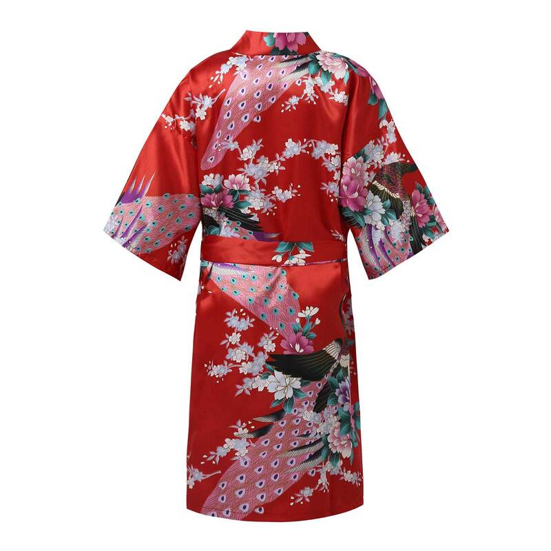 Kinder Mädchen Pfau Blume gedruckt Nachtwäsche Faux Satin Kimono Robe Bademantel Nachthemd für Spa Party Hochzeit Geburtstag