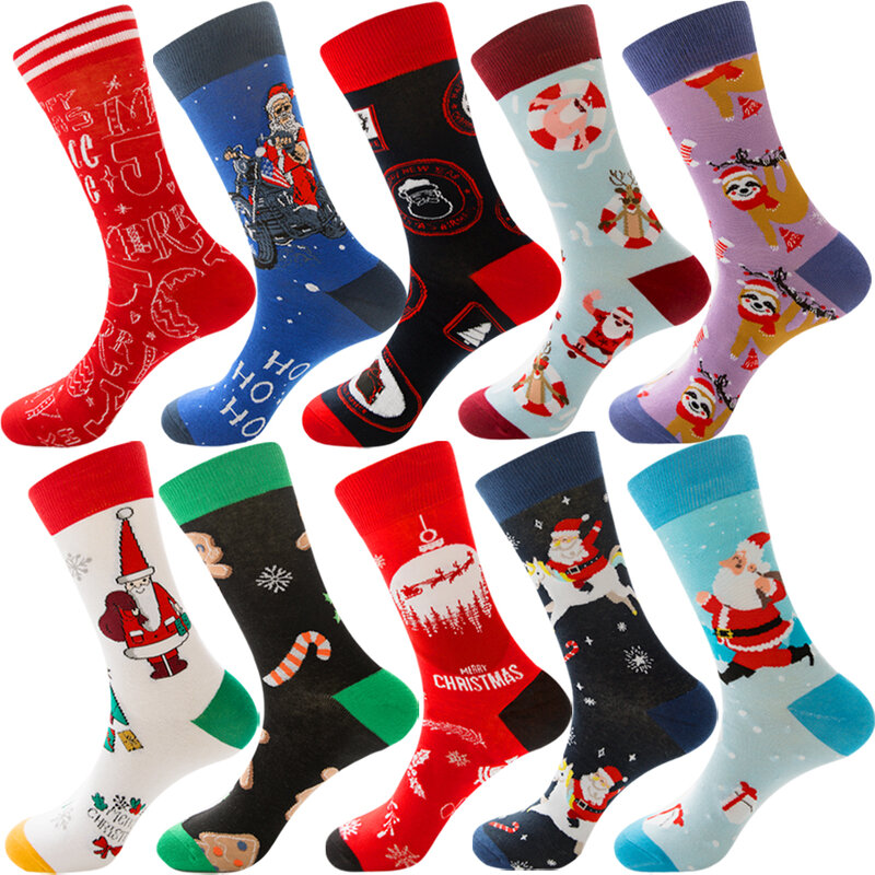 Big Size 20 Pcs=10 pairs/Lot Christmas Colorful Combed Cotton Socks Men Casual Fashion Autumn Crew Socks Funny Happy Men Socks
