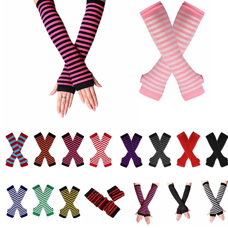 Длинные перчатки, классические розовые, черные и белые полосатые перчатки без пальцев, теплые вязаные наручные перчатки