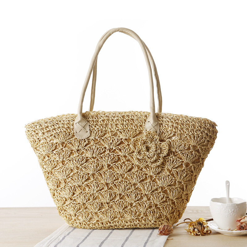 Bolsa feminina de palha tecida à mão com gancho e linha dourada, bolsa de praia de crochê, moda verão