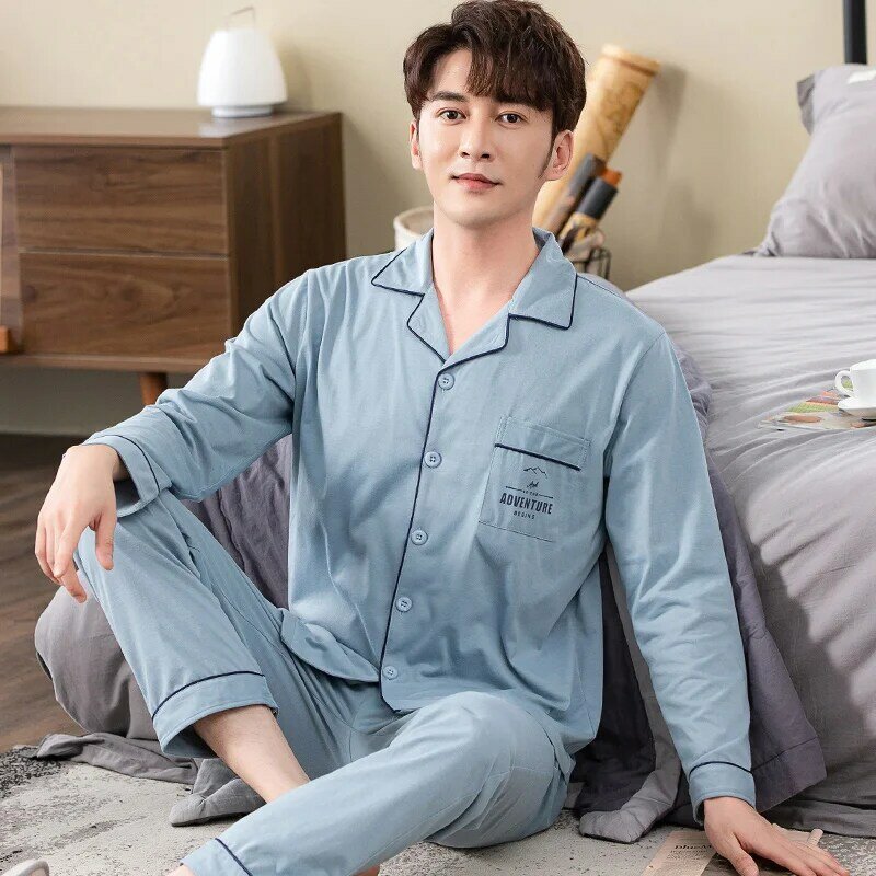 Conjunto de pijama de algodão completo outono manga comprida de cor sólida masculino pijamas primavera gola pijamas masculino xxxxl